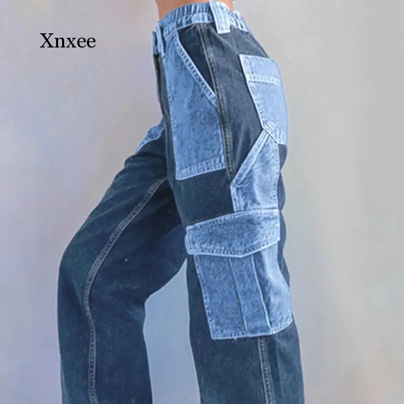 Patchwork Color Block Baggy Jeans Women Street Style High Waist Cargo Pants Y2K Aesthetic 90S Straight Denim Trousers Clothing