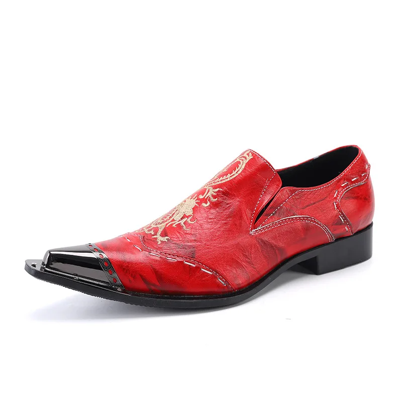 Handmade Red Embroidered Leather Wedding Dress Shoes Men Fashion Loafers Casual Shoes Mens Busines Party Pointed Toe Luxury Shoe