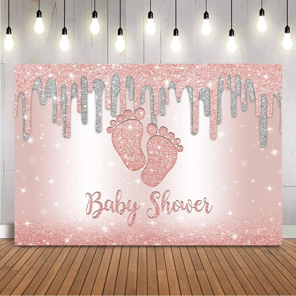 

Pink Glitter Backdrop Baby Shower It's a Girl Party Decoration Supplies Sliver Shining Dots Little Feet Gender Reveal Backdrop