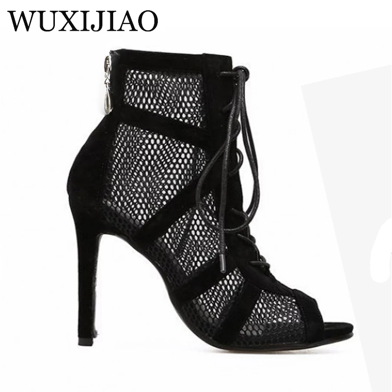 WUXIJIAO Ladies black mesh suede fashion cross strap sexy high heel sandals comfortable latin dance shoes salsa shoes