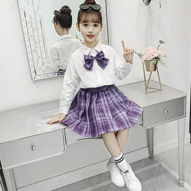 2020 Girls Japanese and Korean Summer High Waist Pleated Skirt Plaid Skirt Children Student JK School Uniform Set