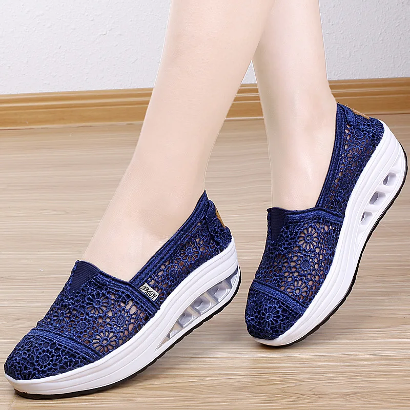 Lace Sneakers Women Hollow Vulcanized Shoes Sexy Lace Breathable Casual Footwear Wedges Shoe  2021 Summer Slip on Shoes Female