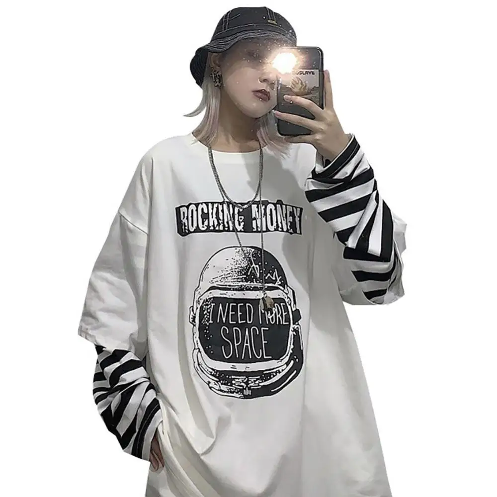 Women Stripes Patchwork Letters Print Blouse Fake Two Piece Oversized T-shirt