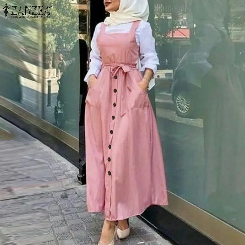 

ZANZEA 2023 Elegant Button Sundress Women's Autumn Overalls Vestidos Casual Solid Tank Marocain Robe Female Islamic Dress S-