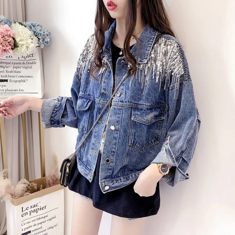 

Washed Korean Sequins Tassel Womens Denim Jackets Fashion Loose Fit Long Sleeve Single Breasted Pockets Female Outerwear Coats