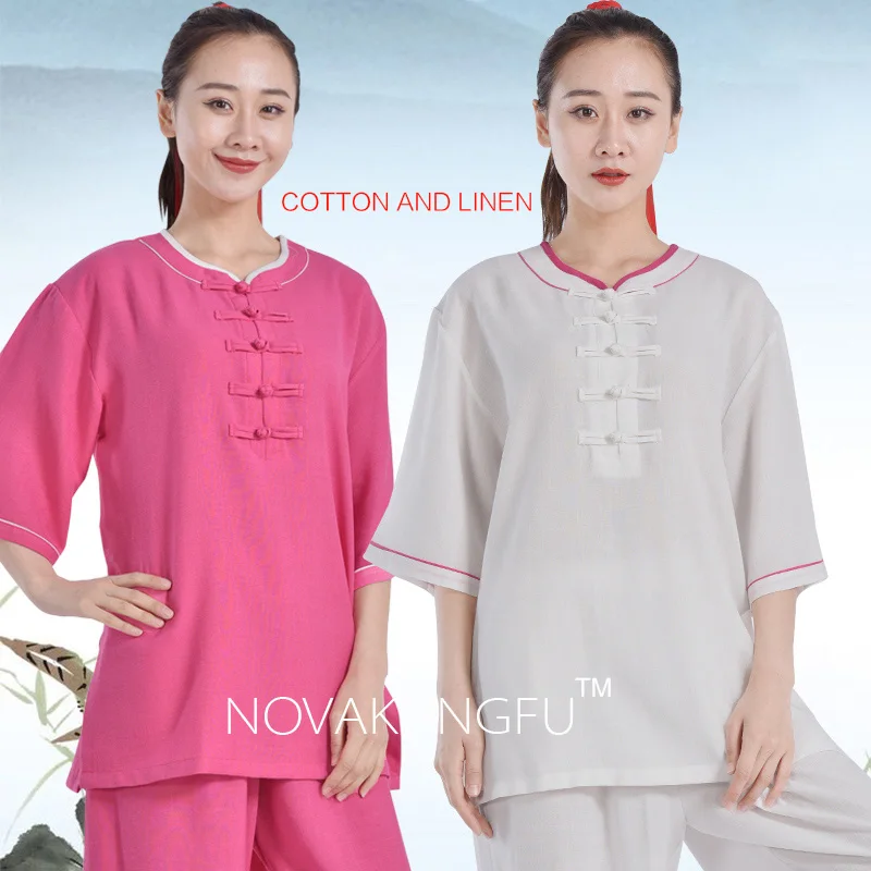 Short-Sleeved Tai Chi Clothing for Women, Cotton and Linen, Practice Clothes, Middle-aged and Elderly, Thin Martial Arts