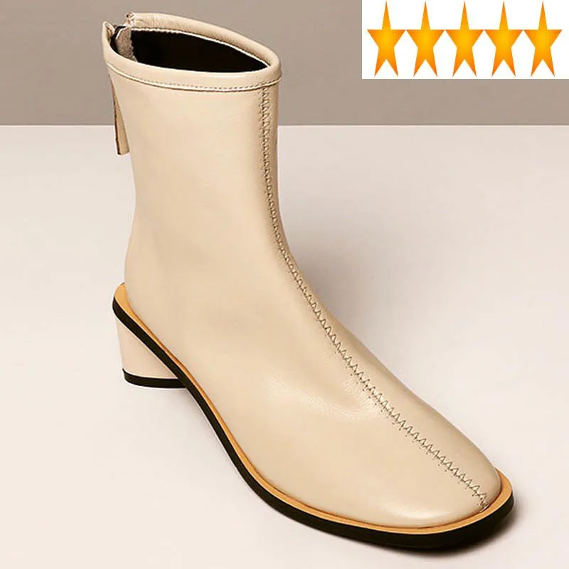 

Women Brand Sheepskin Ankle Luxury Winter Thick Heel Genuine Leather Shoes Woman England Style Zipper Snake Print Boots