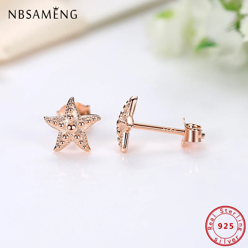 원래 100% 925 스털링 실버 스터드 귀걸이 로즈 골드 불가사리 Earings 여성을위한 파인 쥬얼리 결혼 선물