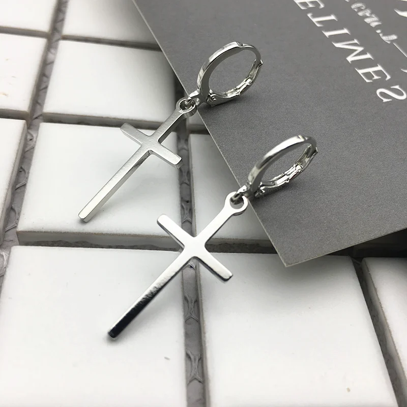 Men\'s cross earring in gold  or black, wire hoop dangle cross earrings, cross earring for guys, Steel color cross earring, 553YW