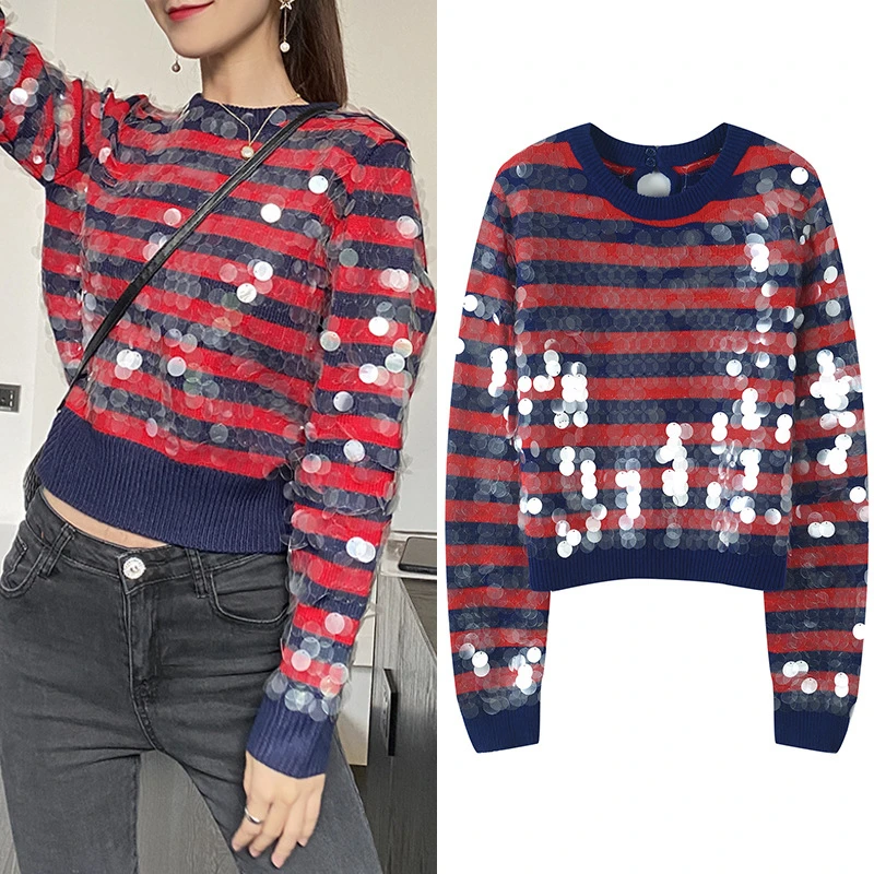 Sequined Women Sweater Lady Knit Red Striped Long Sleeve O-neck Autumn Casual Knitted Tops 2023 New Pullover Jumpers