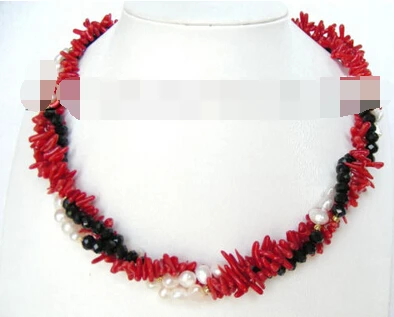 

huij 003841 3ROWS white natural pearls &red coral black crystal necklace discount 40%