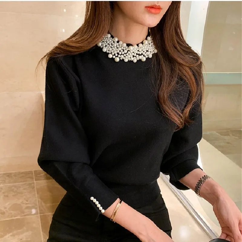 Pearl Beading Vintage Pullover Sweater Women 3/4 Sleeve Half High Collar Tops Solid Elegant Ladies Jumpers 2022