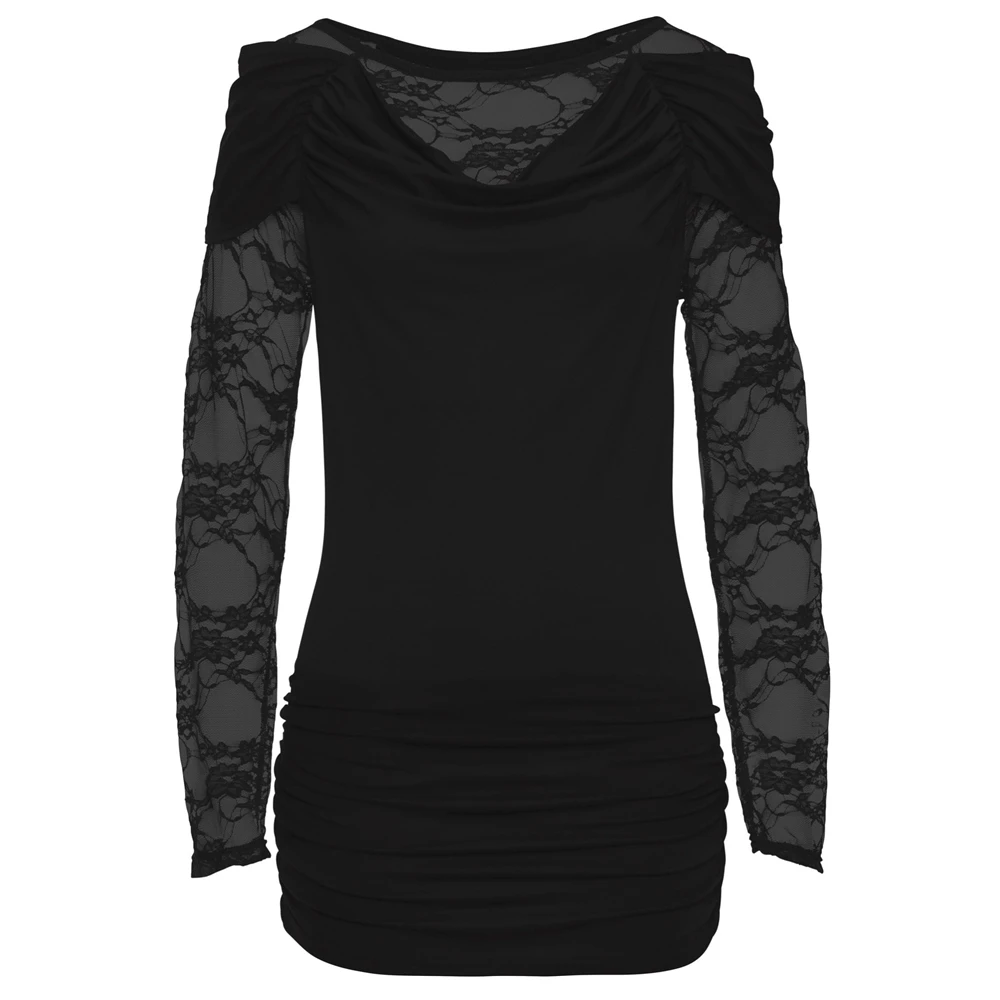 Nieuwe Black Lace Patchwork Vrouwen Tops En Blouses Zomer Effen Stapel Kraag Lange Mouwen Met Drie Kleuren Vrouwen Slim Casual blouse