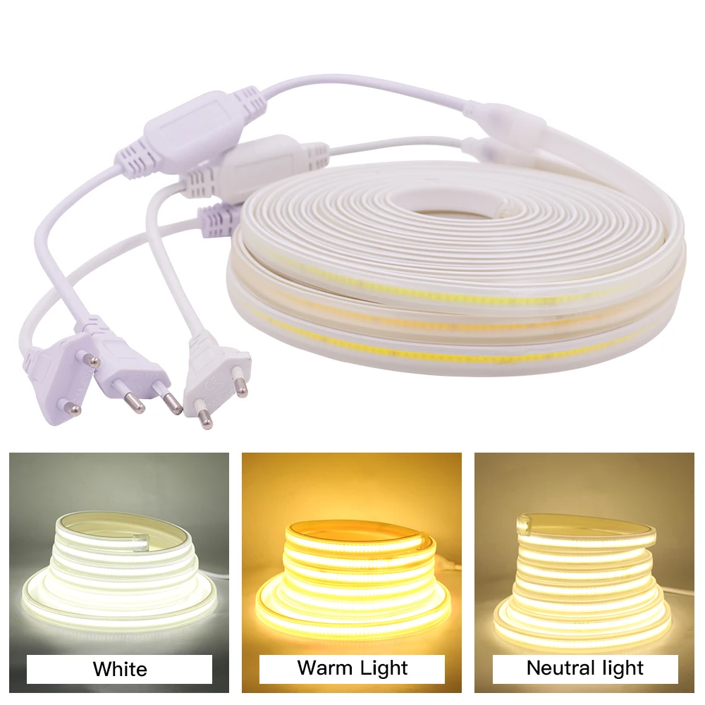 COB LED Strip 220V Waterproof Outdoor Decor 288 Leds/M RA 80 High Brightness 3000K 4000K 6000K Flexible Ribbon FOB Light