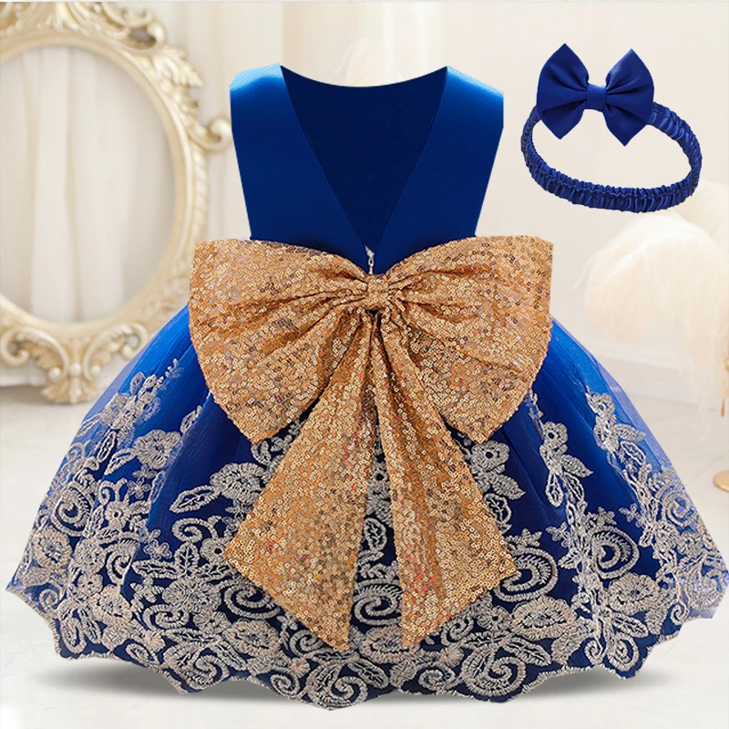 Backless Bow Toddler Baby 1st Birthday Baptism Dress For Girls Princess Luxury Embroidery Costumes Kids Party Clothes Vestidos