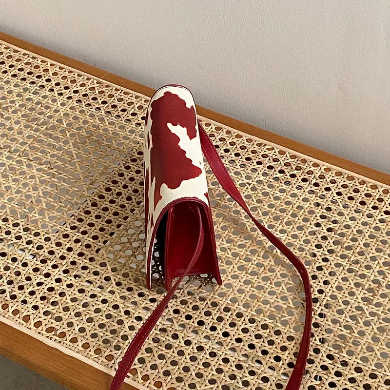 Cow Pattern Red Shoulder Bag Women PU Leather Casual OL Shopping High Street All-match Retro Small Handbags Females Fashion New