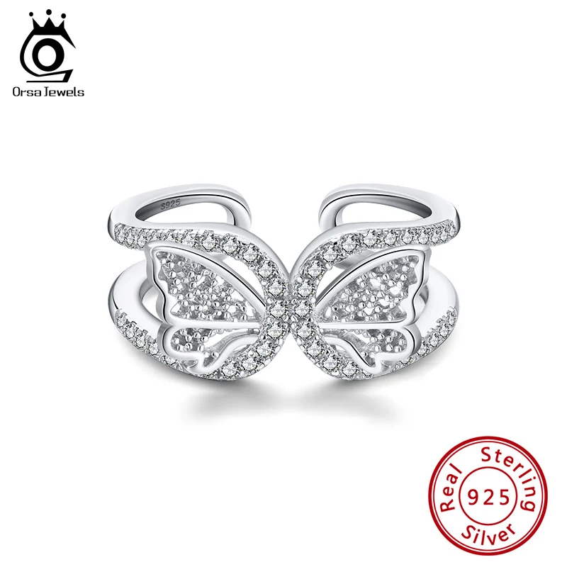 

ORSA JEWELS 925 Sterling Silver Dazzling CZ Butterfly Ring Open Finger Ring for Women Fashion Sterling Silver Jewelry Gift SR254