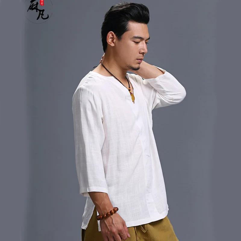 3/4 Sleeve Men Cotton Linen V-Neck Shirt Chinese Traditional White Casual Tang Tops Retro Button Ancient Harajuku Loose Coat