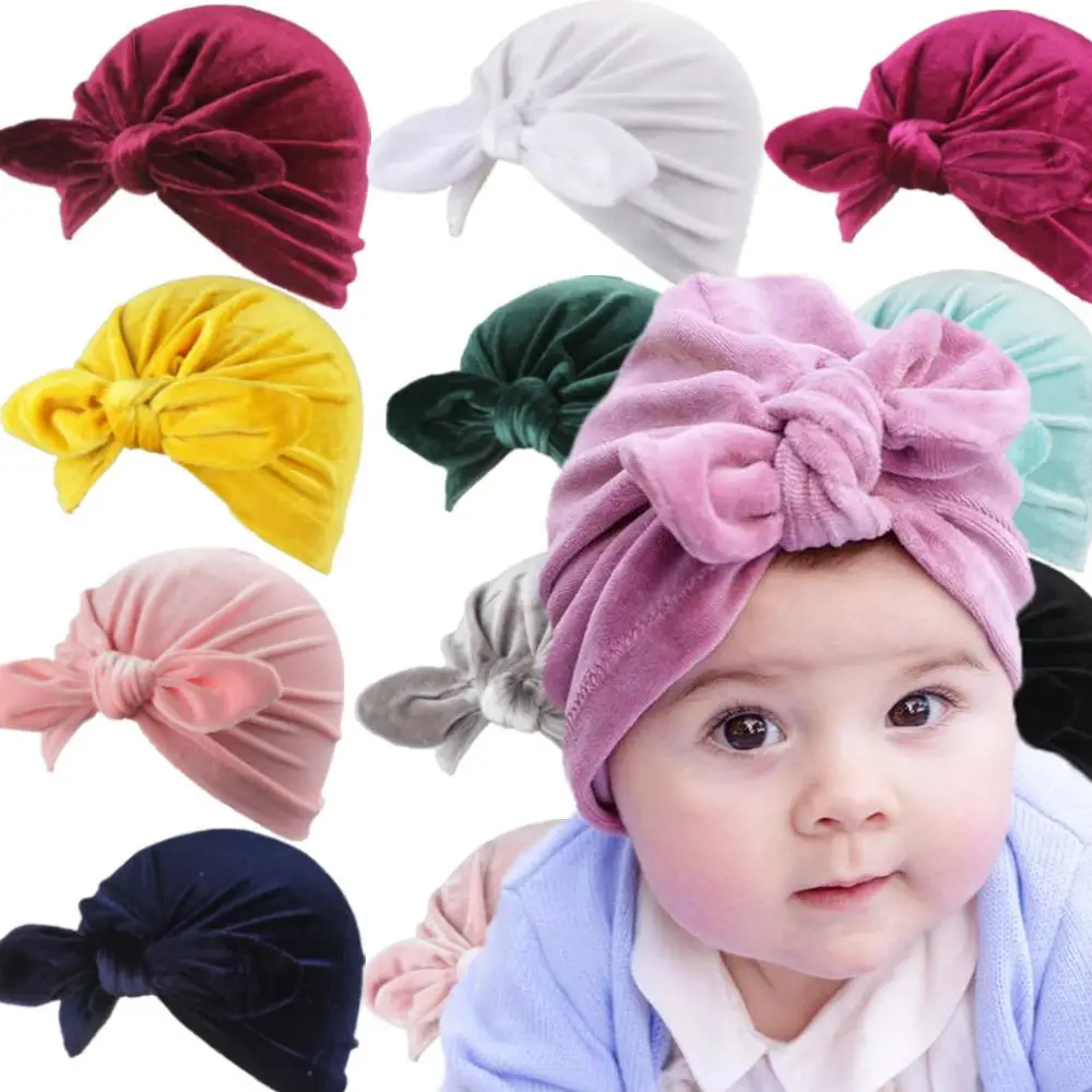 Baby Headband Rubber Ear Girl Bow Velvet Headbands Toddler Indian Turban Beanie Hat Elastic Hair Accessories Bohemia Head Wrap