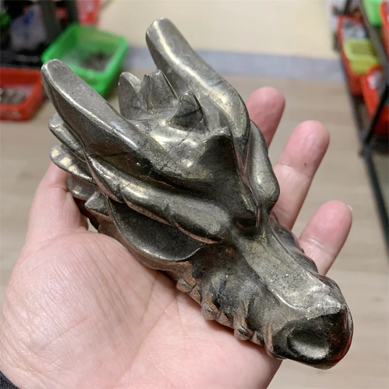 

High Quality Pyrite Crystal Handmade Carved Dragon Head Skull Polished Animal Powerful Statue For Home Decoration Gift 1pcs