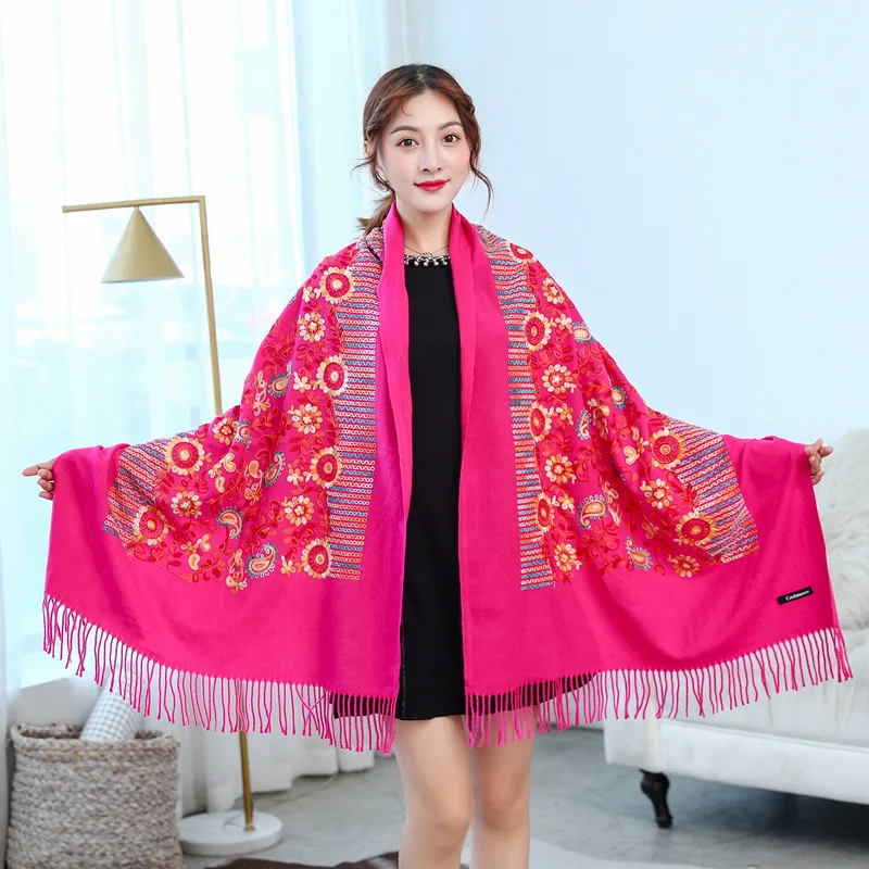 Luxury Thick Winter Scarf Women Warm Cashmere Plum embroidery Sun flower Tassel Shawl Wrap Blanket Hijab Scarf Pashmina Scarves