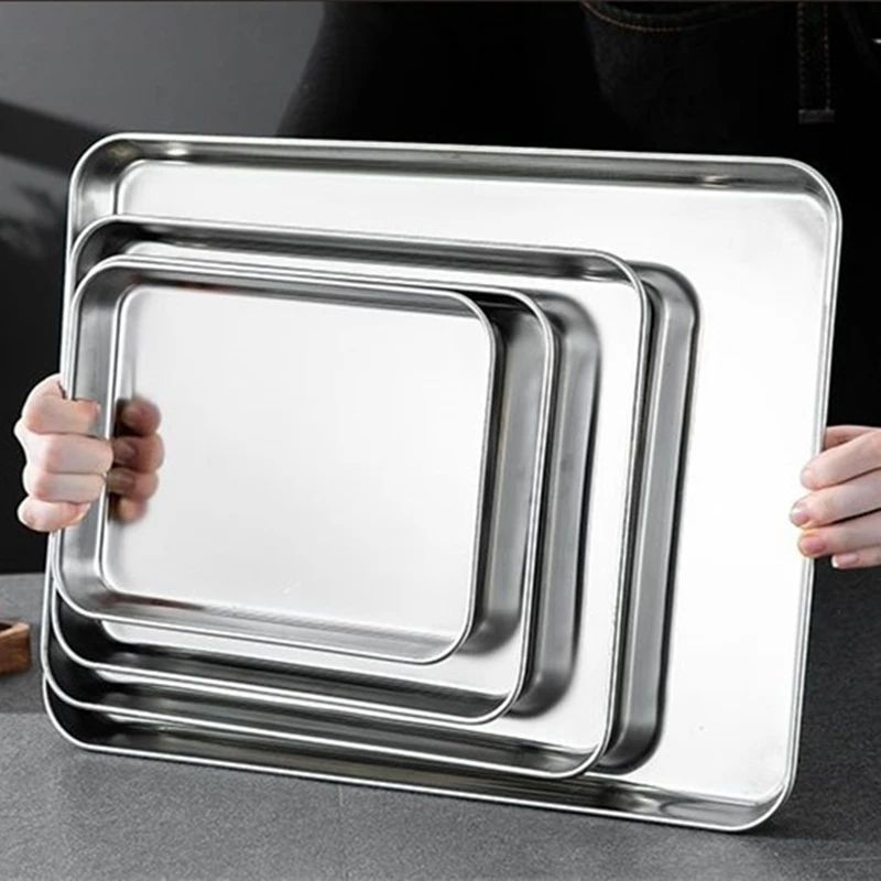 Bandejas rectangulares de cocina de acero inoxidable para almacenamiento de alimentos, bandejas para servir salchichas, fideos, frutas, restaurante, Hotel, plato de vajilla de Metal