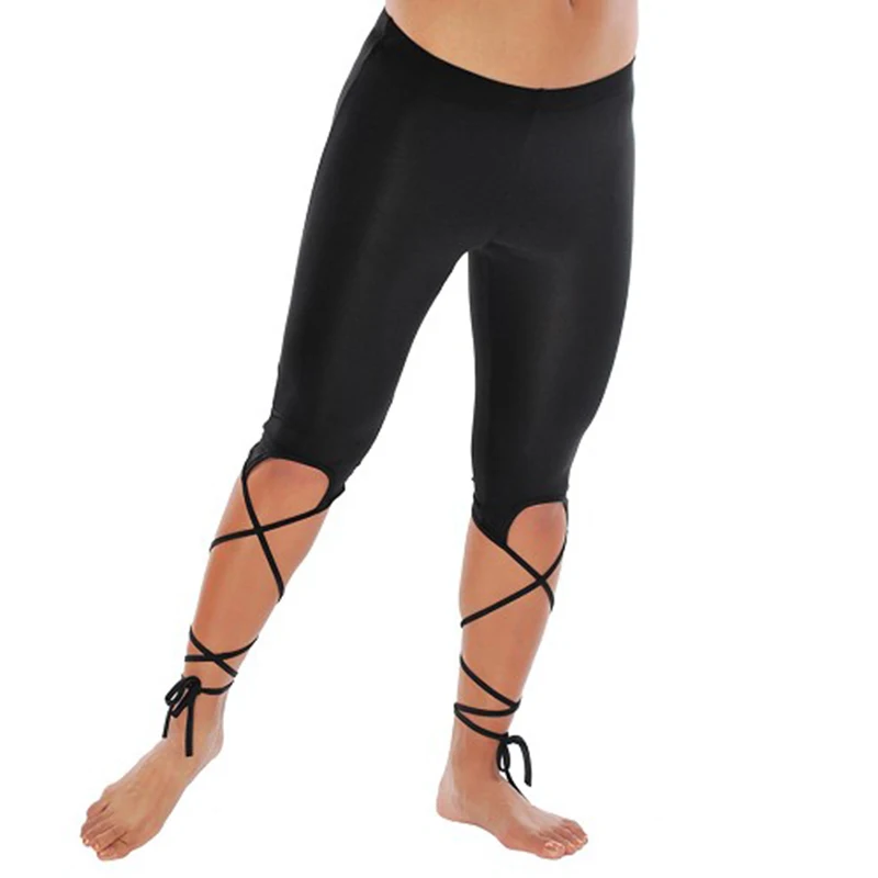 Spandex Stretch Leggings Capri Pants with Criss-Cross Laces Belly Dance Practice Accessories