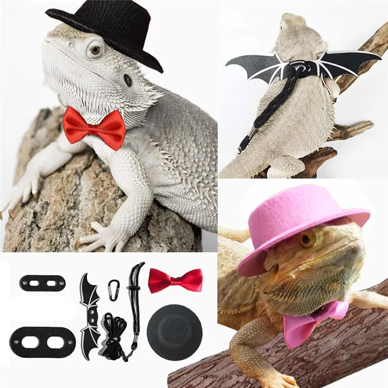 Lizard Traction Rope Hat Bow Tie Soft Leather Reptile Bearded Dragon Harness Leash Costume Clothes Pet Supplies for Amphibians