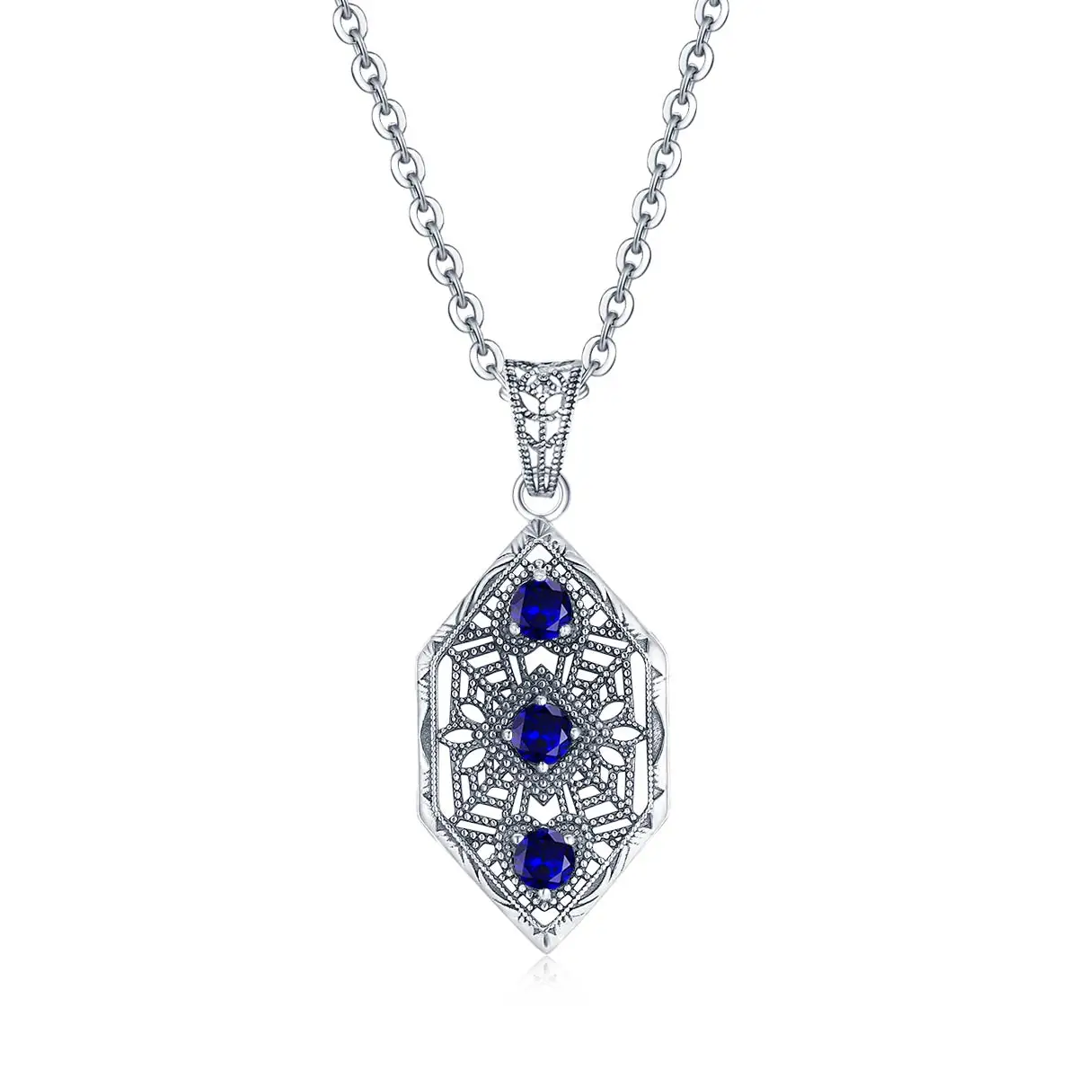 

Szjinao Silver Necklace Pendants For Women 100% 925 Sterling Silver With Sapphire 3 Stones Leaf Vintage Fine Jewelry Gift Female