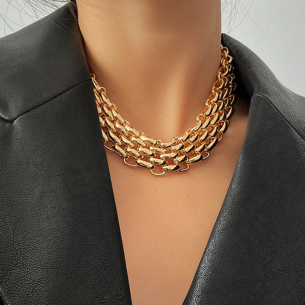 PuRui Punk Chunky Chain Choker Necklace for Women Hip Hop Gold Color Layered Collar Necklace Statement Fashion Jewelry