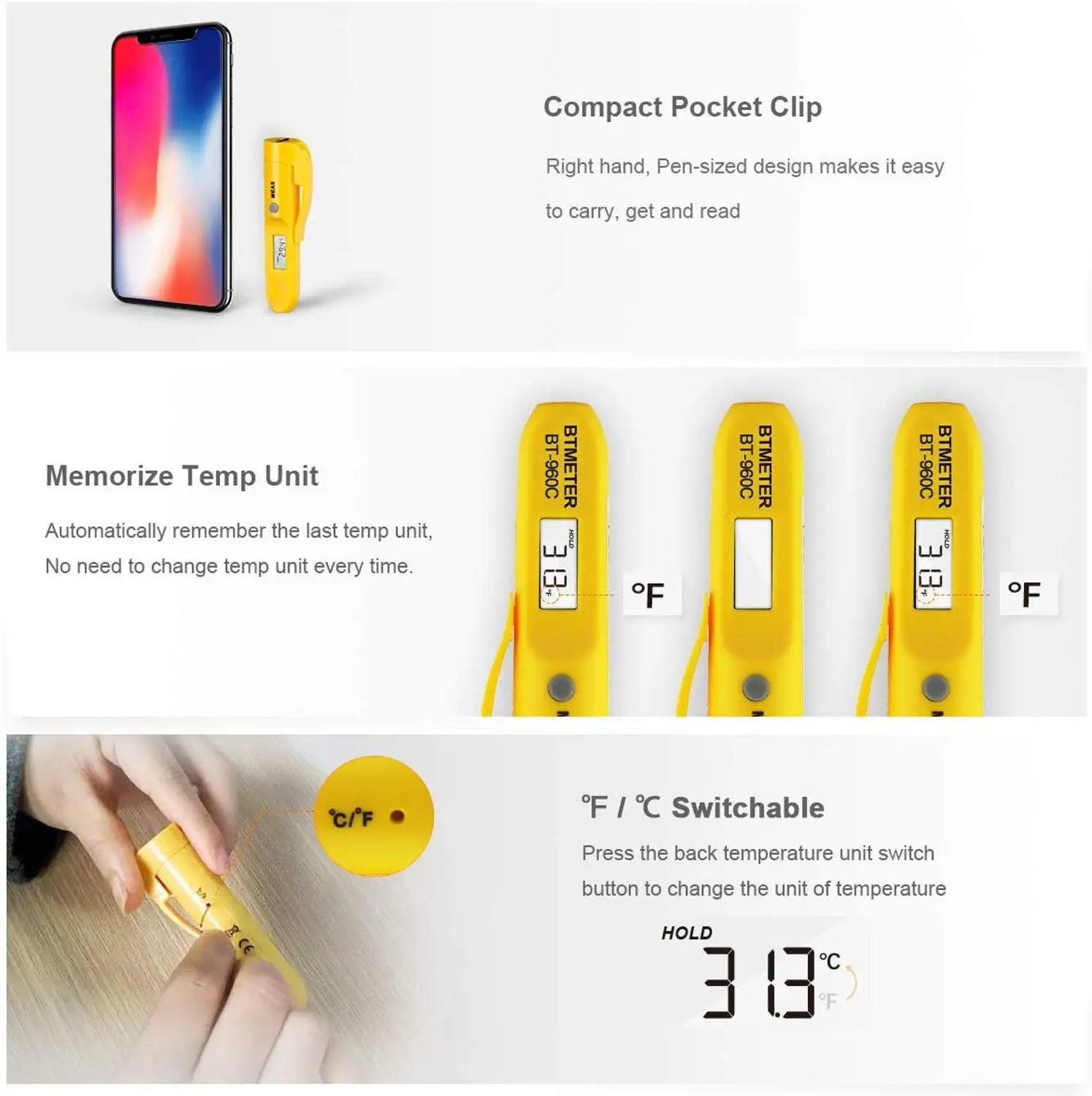 BTMETER BT-960C Mini Digital Infrared Thermometer Temperature Pen with Pocket Clip Instan for Kitchen BBQ Candy Frying