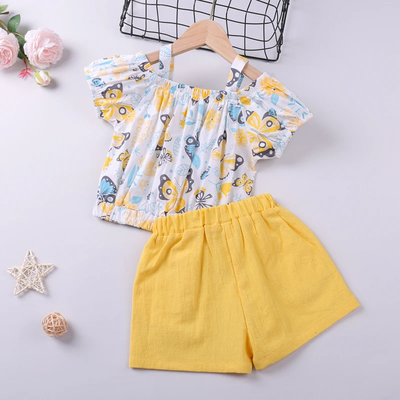 Humor Bear Girls Clothes Sets New Summer Short -Sleeve Cartoon Printed Top+ Bow Shorts 2Pcs Casual Toddler Kids Clothes