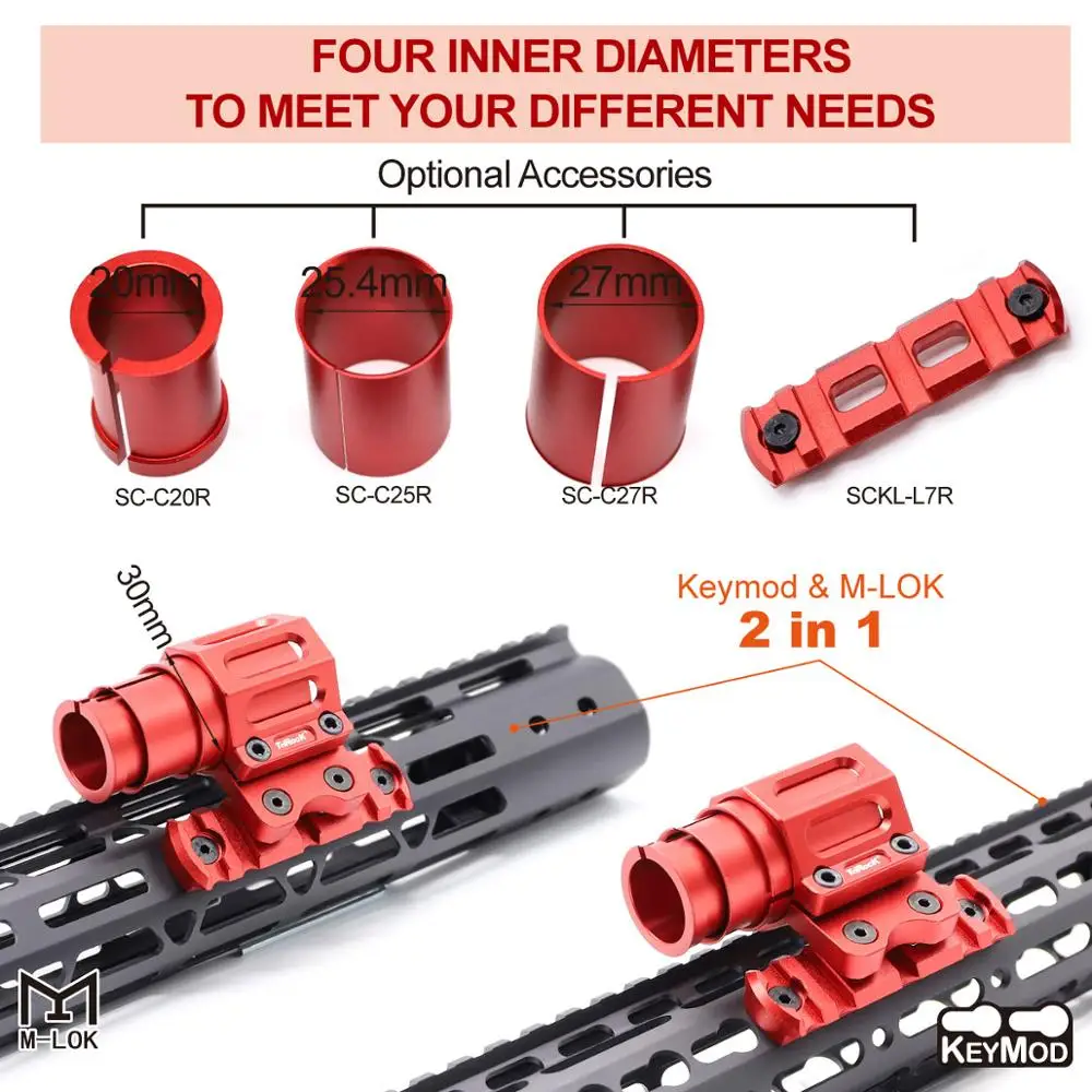 TriRock Red Scope Ring Flashlight Clamping Clip Holder Adjustable 25.4-30mm Fit Both Keymod & M-lok Mount Rail System