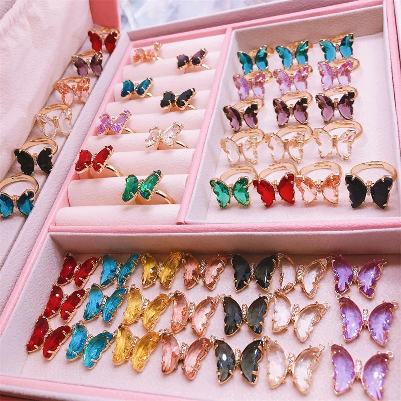 Wholesale Butterfly Ring Fashion Sweet Colorful Transparent Crystal Animal Women's Adjustable Ring Girl Party Jewelry Gift