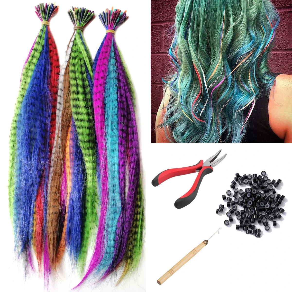 

1Kit Colored Strands for Hair Feather Extension 50 Pieces I Tip Synthetic Hairpiece Fake Hair Zebra Line Feather Hair Extensions