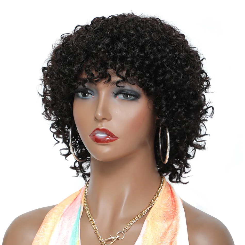 Deep Curly Human Hair Wigs For Women Non Lace Front Curly Wig With Bangs Brazilian Remy Hair Full Machine Made Wig Short Bob Wig