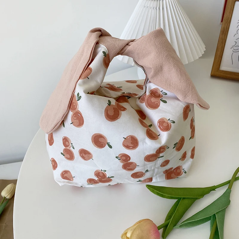 Kawaii Lunch Bag Women Ins Rabbit Ears Fold Bow Handbags Japanese Cute Office Worker Convenient Lunch Box Tote Food Bags WY115