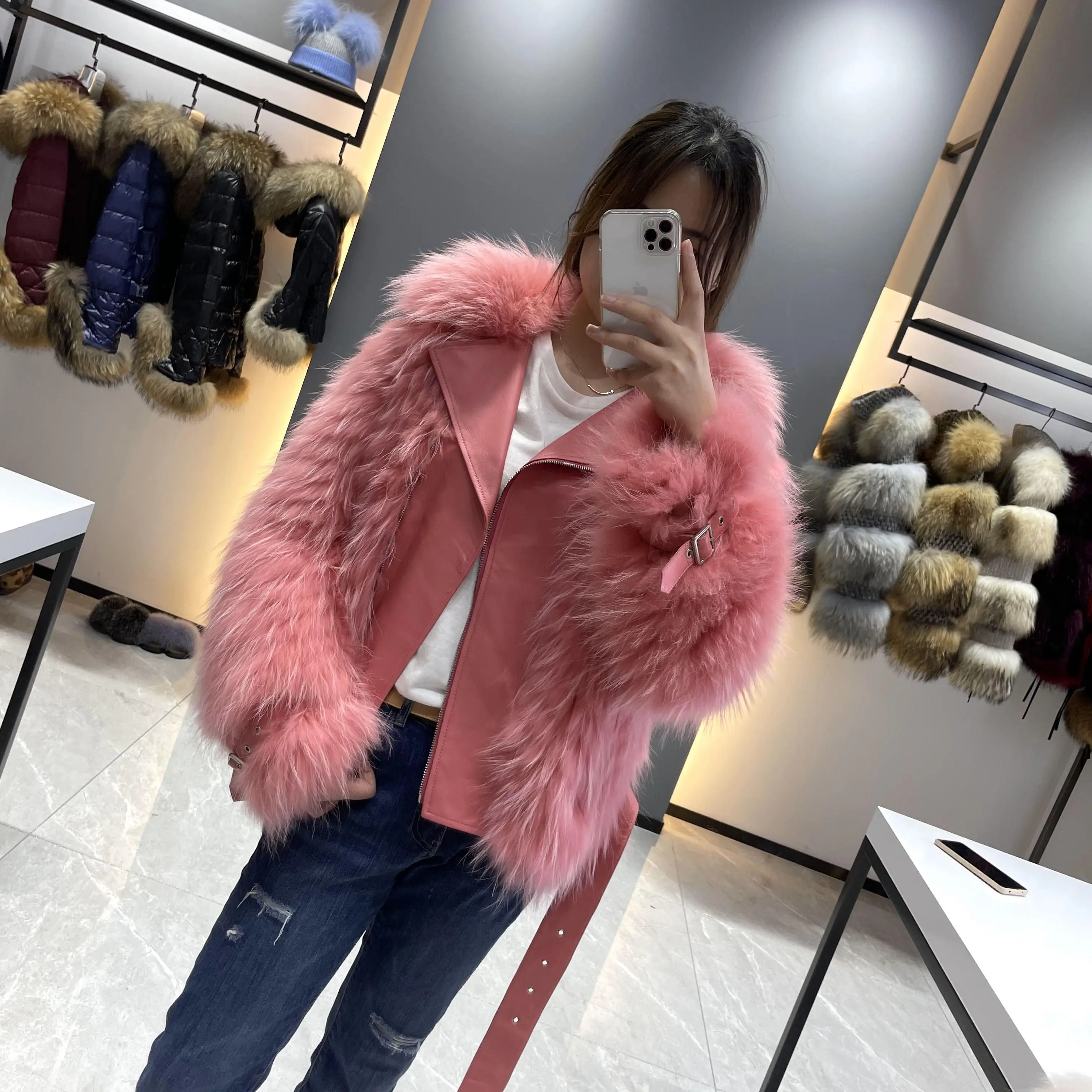 Western Windbreaker Raccoon Fur Jacket Double Breasted Regular Mink Fur Coat Cool Girl Style With Belt