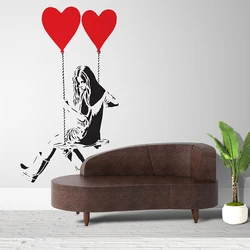 Banksy Swing Girl With Heart Balloon Wall Sticker Kids Room Living Room Graffiti Balloon Hot Air Pop Art Girl Wall Decal