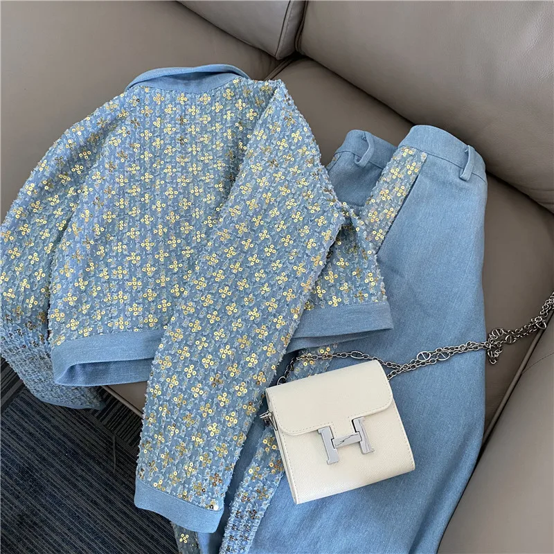 Luxury Design Denim Women Pants Two Piece Set Women Sequined Embroidery Button Jacket Coat + High Waist Wide Leg Trousers Suits