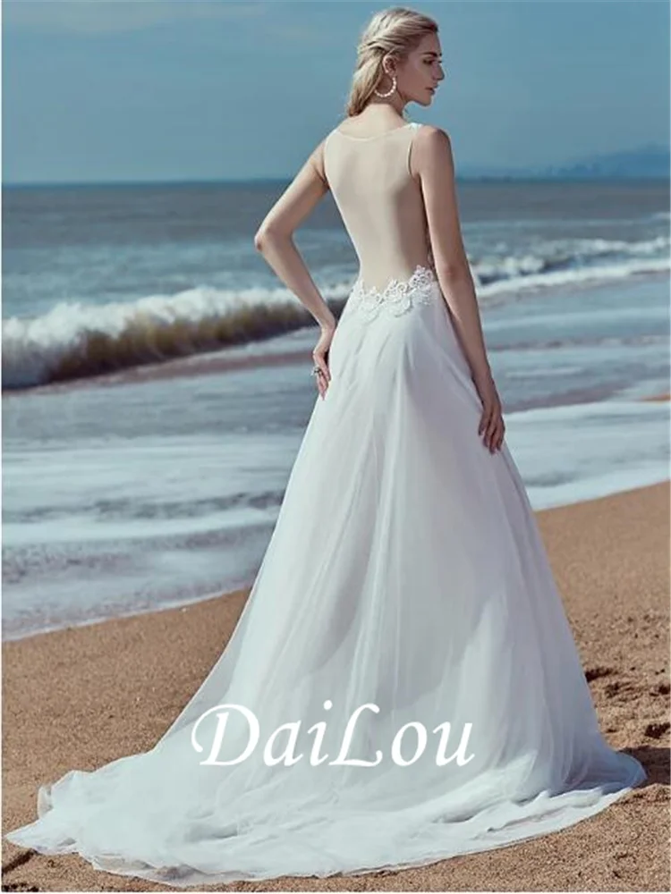 Robe de mariée ligne a, col en V, balayage/brosse, traîne, dentelle, Tulle, bretelles régulières, plage, transparente, dos nu, 2021