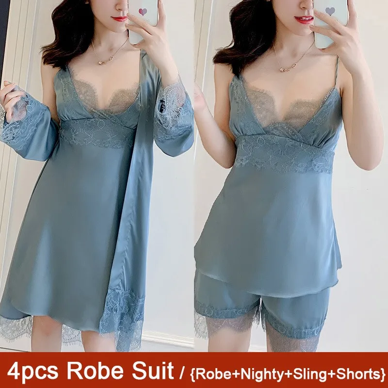 

Loose V-neck Nightwear 4PCS Pajamas Set Satin Female Casual Sleepwear Suit Sexy 2020 Summer New Bathorbe&Nightgown&Sling&Shorts