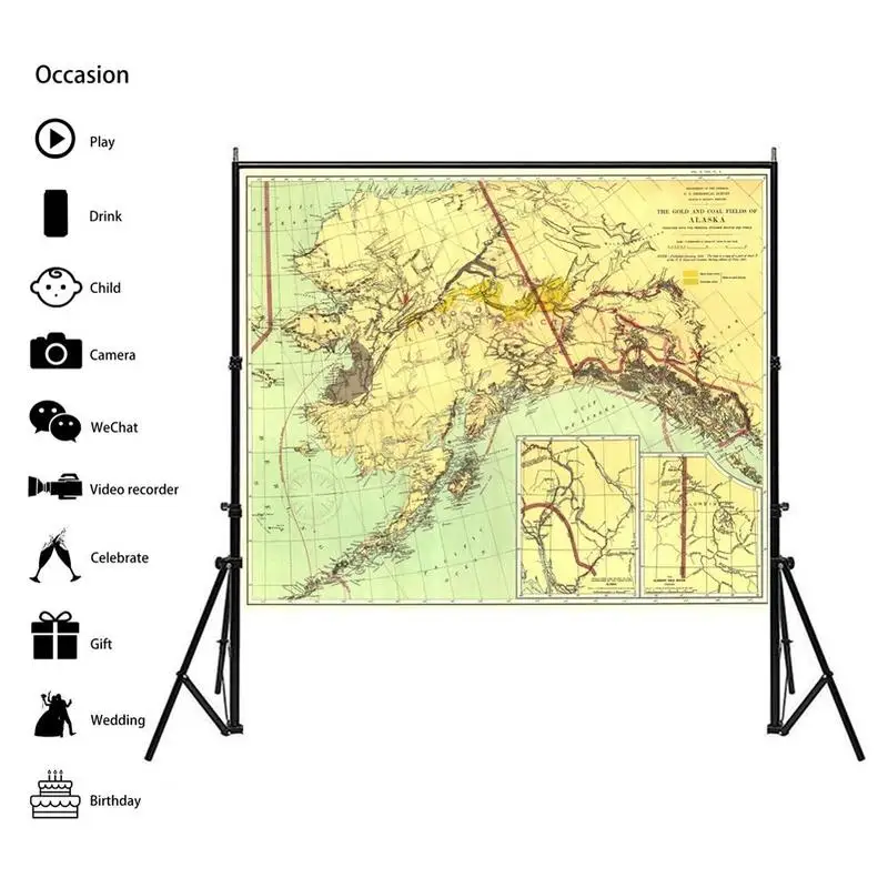 خريطة غير منسوجة بطول 5 × 5 أقدام ، وحقول الذهب والفحم في ألاكا في إصدار 1898 ، وخريطة لغرفة المعيشة ، وديكور جدران المكتب