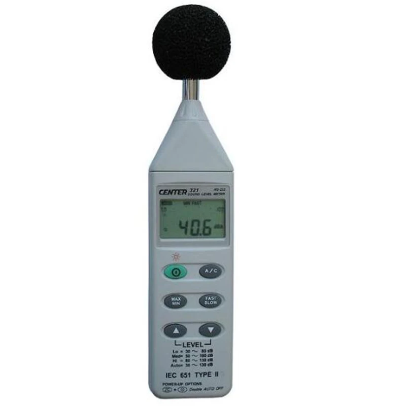 CENTER-321 Sound Level Meter Microphone: Electret condenser microphone,Auto Ranging (30~130dB),AC/DC Signal Output.