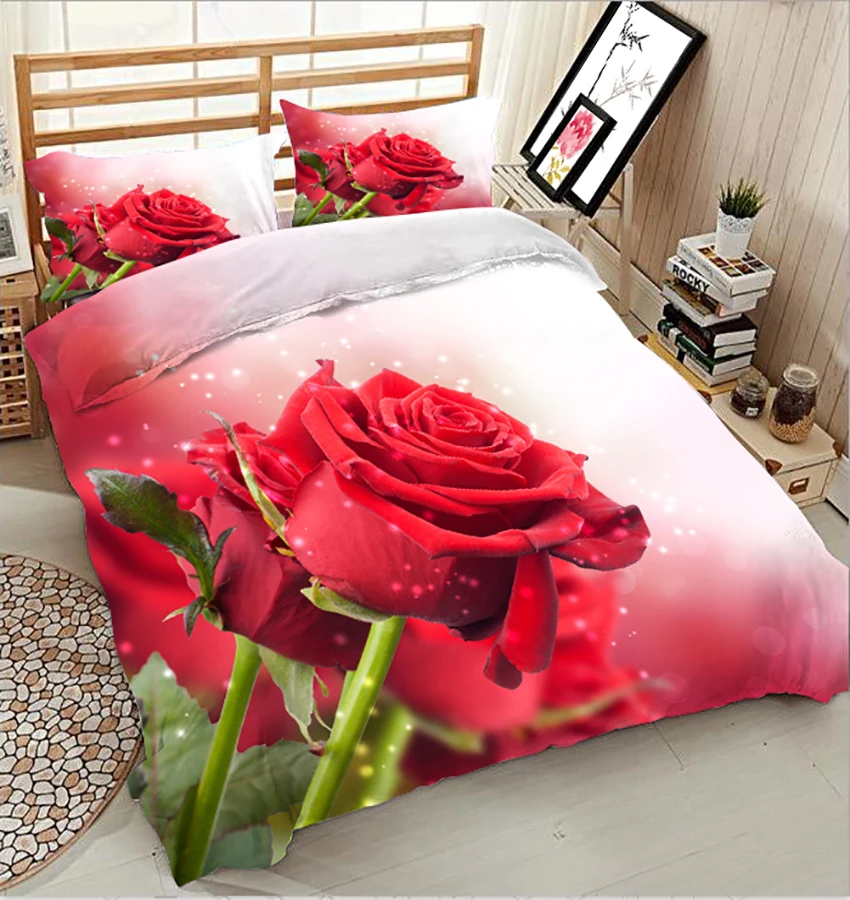 

Luxury Rose Bedding Set Queen Size 3D Bedsheet Duvet Cover Pillowcase Twin King Size Queen Bed Linen California King Decorate