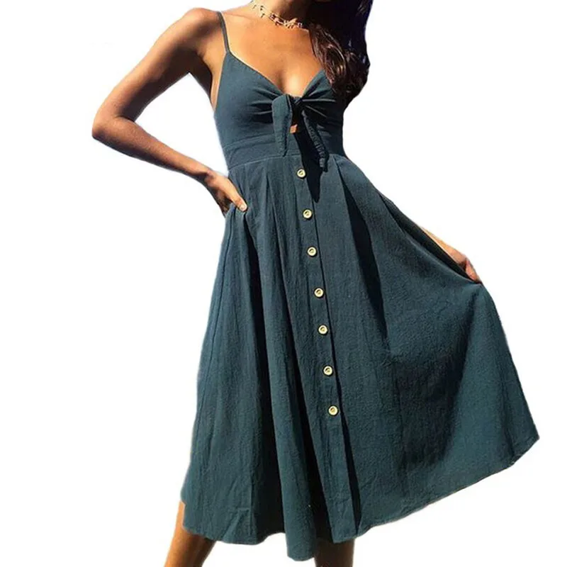 Red Spaghetti Strap Buttons Casual Dress Bow Backless Midi Vestidos Sexy Summer Women Dress 2020Sundress Female Vintage Dresses