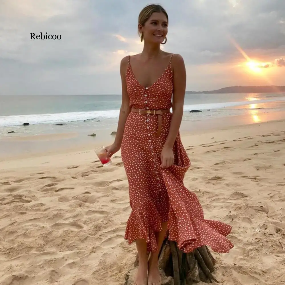 Robe longue De plage pour femmes, style Boho, bretelles Spaghetti, points doux, longue, été