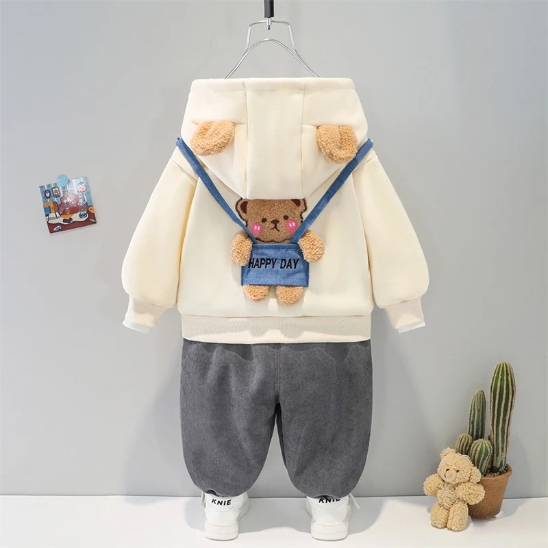 Children Warm Plush Sweater Pants Autumn Winter Cartoon Baby Girls Clothing Sets Infant Newborn Clothes Kids Hooded Sportswear