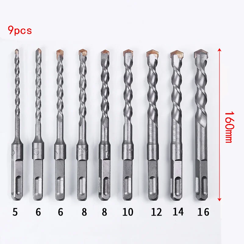 160mm 9pcs Tungsten Steel Alloy Concrete Drill Bit SDS PLUS Round and Square 5-16mm for penetrating walls, stone and concrete