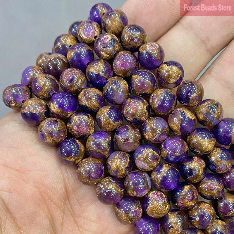 Natural Purple Golden Lace Cloisonne Stone Loose Round Beads 15\